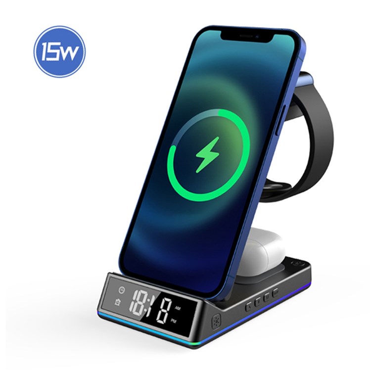 Z6 Foldable 5-in-1 15W Magnetic Wireless Charger with Flashy Atmosphere Light/Digital Clock Multi-Function Wireless Charging Stand