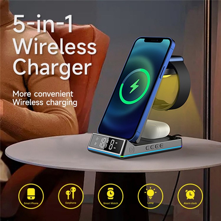 Z6 Foldable 5-in-1 15W Magnetic Wireless Charger with Flashy Atmosphere Light/Digital Clock Multi-Function Wireless Charging Stand