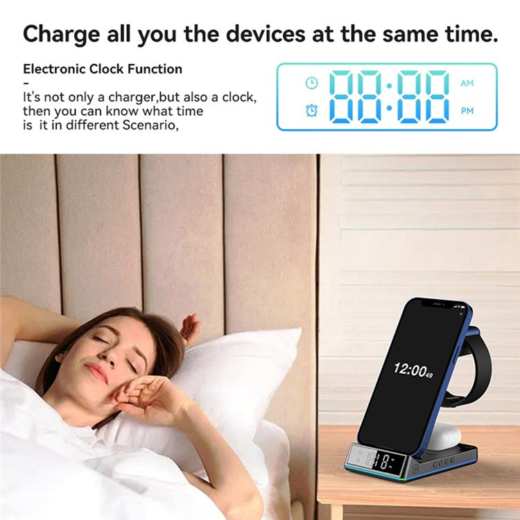 Z6 Foldable 5-in-1 15W Magnetic Wireless Charger with Flashy Atmosphere Light/Digital Clock Multi-Function Wireless Charging Stand