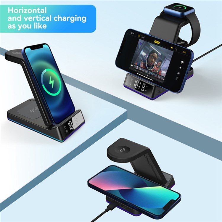 Z6 Foldable 5-in-1 15W Magnetic Wireless Charger with Flashy Atmosphere Light/Digital Clock Multi-Function Wireless Charging Stand