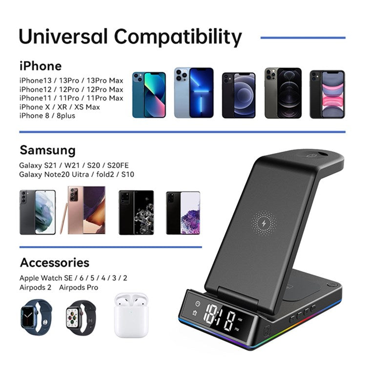 Z6 Foldable 5-in-1 15W Magnetic Wireless Charger with Flashy Atmosphere Light/Digital Clock Multi-Function Wireless Charging Stand