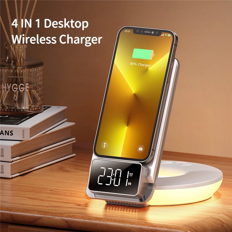 MCDODO CH-1610 MDD 15W Multifunction Wireless Charger 4 in 1 Desktop Charging Stand LED Digital Display Charging Station with Night Light Alarm Clock Functions - White