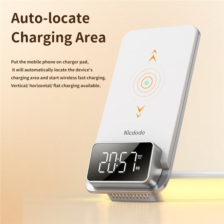 MCDODO CH-1610 MDD 15W Multifunction Wireless Charger 4 in 1 Desktop Charging Stand LED Digital Display Charging Station with Night Light Alarm Clock Functions - White