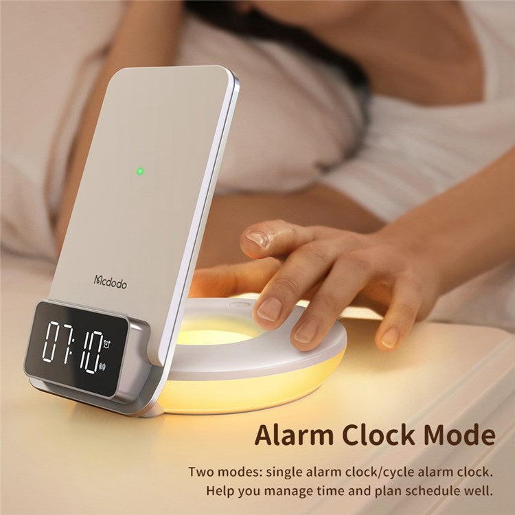 MCDODO CH-1610 MDD 15W Multifunction Wireless Charger 4 in 1 Desktop Charging Stand LED Digital Display Charging Station with Night Light Alarm Clock Functions - White