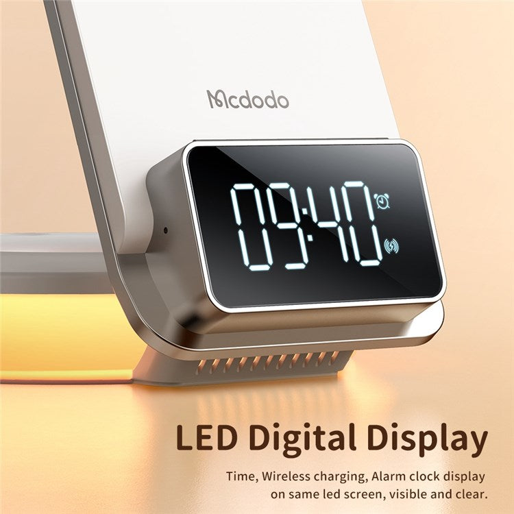 MCDODO CH-1610 MDD 15W Multifunction Wireless Charger 4 in 1 Desktop Charging Stand LED Digital Display Charging Station with Night Light Alarm Clock Functions - White