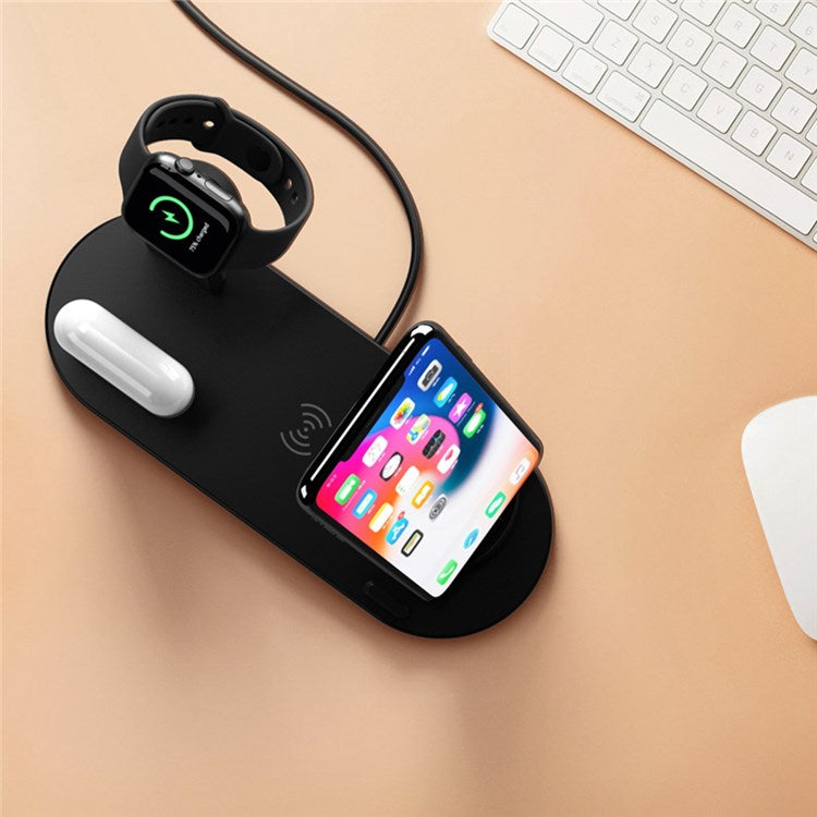 B-07 3-in-1 15W Wireless Charger Multi-function Charging Station Portable Charging Stand with 110cm Cable for iPhone Series/AirPods/iWatch - Black