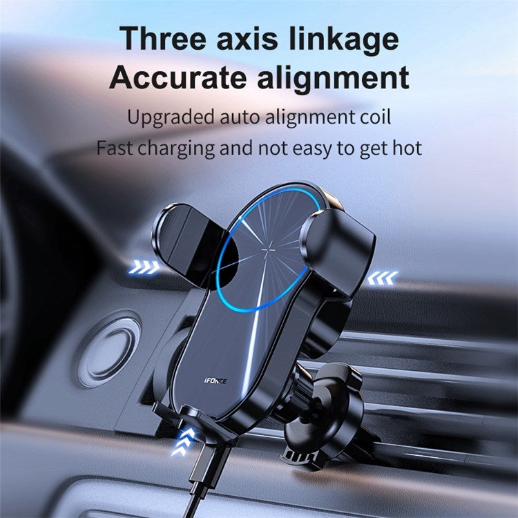 IFORCE W4 Wireless 15W Fast Charging Car Charger Phone Holder Mount Auto-sensing Alignment Air Vent Cell Phone Bracket Stand - Black