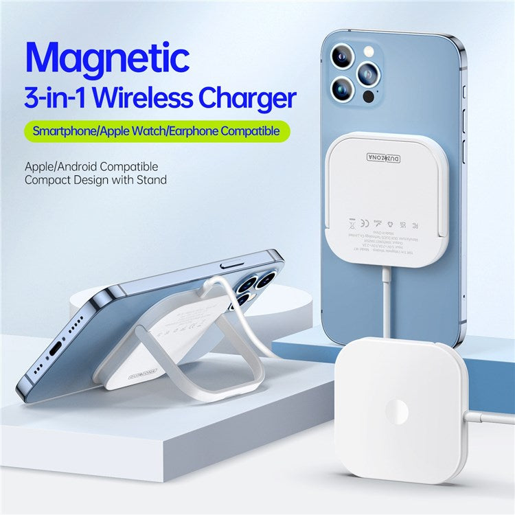 DUZZONA W7 3-in-1 Magnetic Wireless Charger with Folding Stand for iPhone 16 Series / Apple Watch 10 / AirPods 4