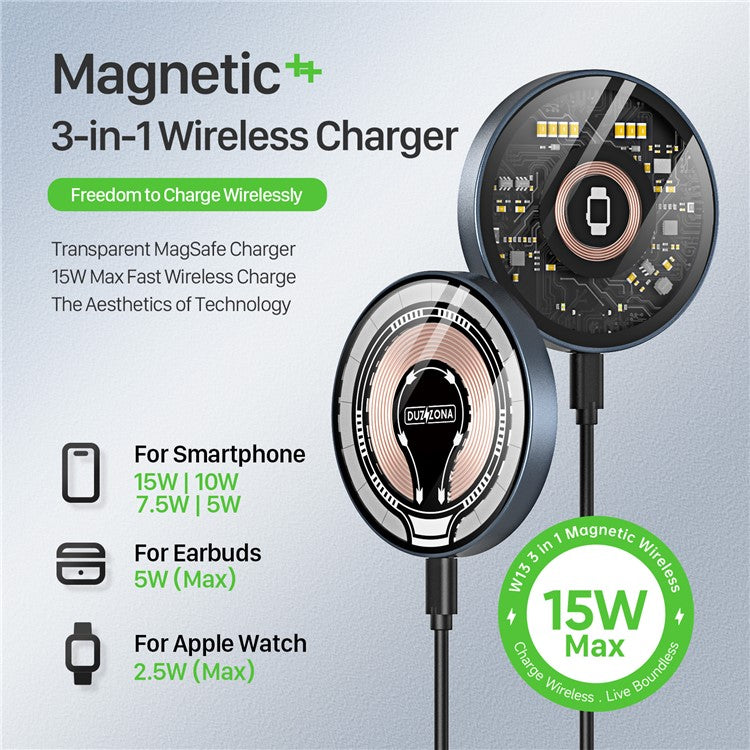 DUZZONA W13 Transparent 15W Max Fast Charging Magnetic Wireless Charger for iPhone 16 Series / Apple Watch 10 / AirPods 4