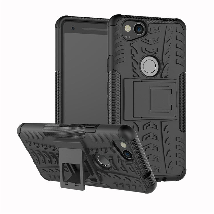 For Google Pixel 2 Tire Pattern PC + TPU Hybrid Kickstand Phone Cover - Black