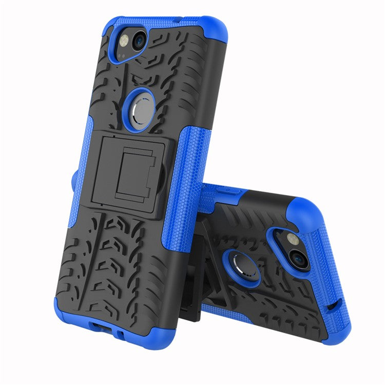 For Google Pixel 2 Tire Pattern PC + TPU Hybrid Kickstand Protective Cover - Blue