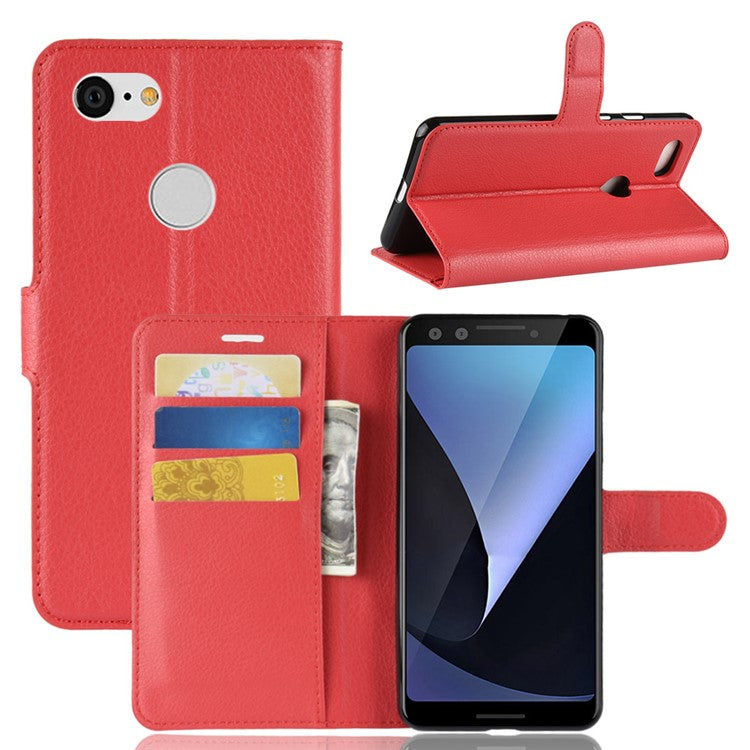 Litchi Texture Leather Wallet Stand Casing for Google Pixel 3 - Red