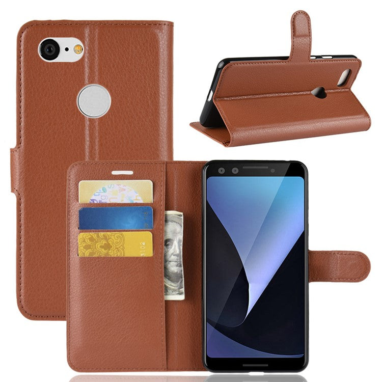 Litchi Grain Wallet Stand Leather Flip Phone Casing for Google Pixel 3 - Brown