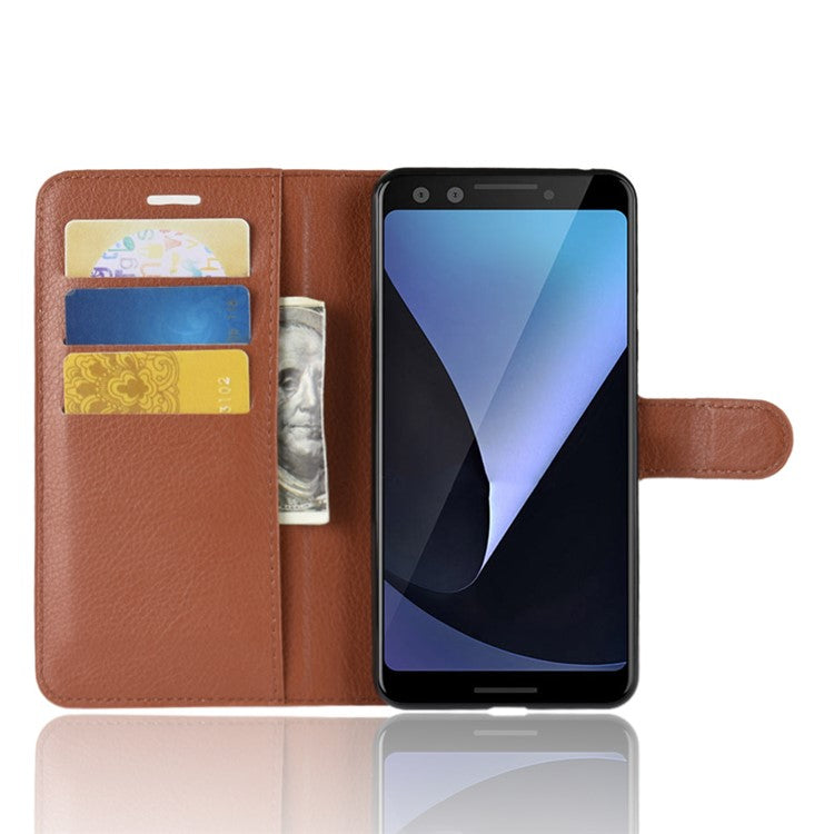 Litchi Grain Wallet Stand Leather Flip Phone Casing for Google Pixel 3 - Brown