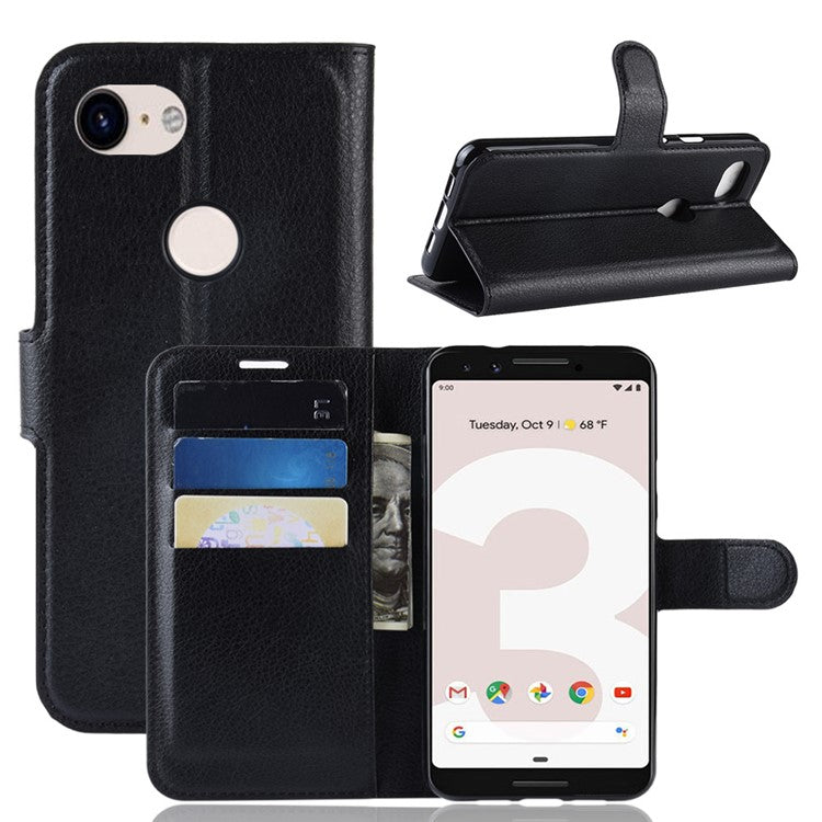 Litchi Skin PU Leather Wallet Case with Stand for Google Pixel 3a - Black