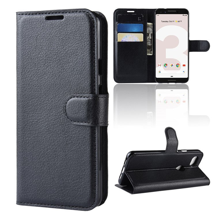 Litchi Skin PU Leather Wallet Case with Stand for Google Pixel 3a - Black