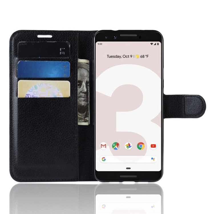 Litchi Skin PU Leather Wallet Case with Stand for Google Pixel 3a - Black