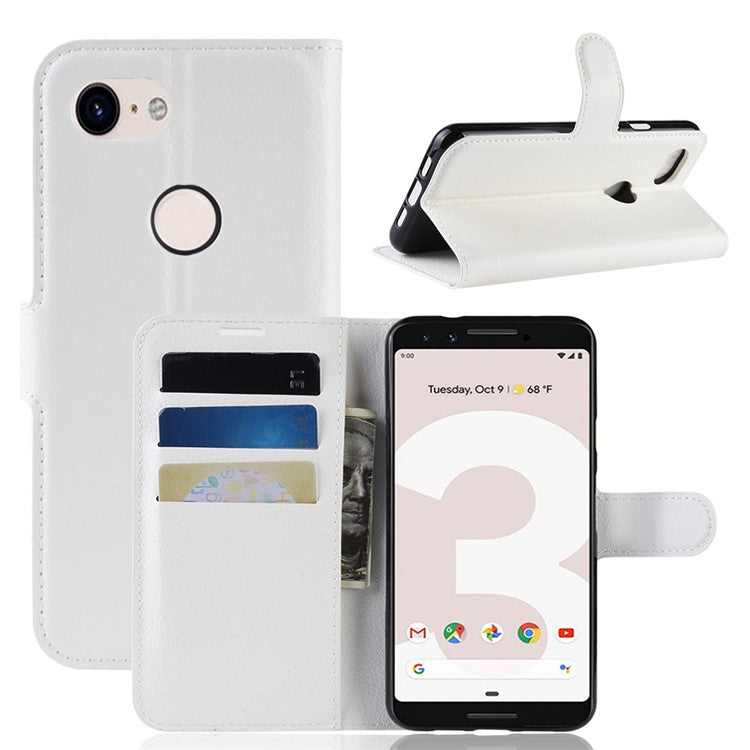 Litchi Skin PU Leather Wallet Case with Stand for Google Pixel 3a - White