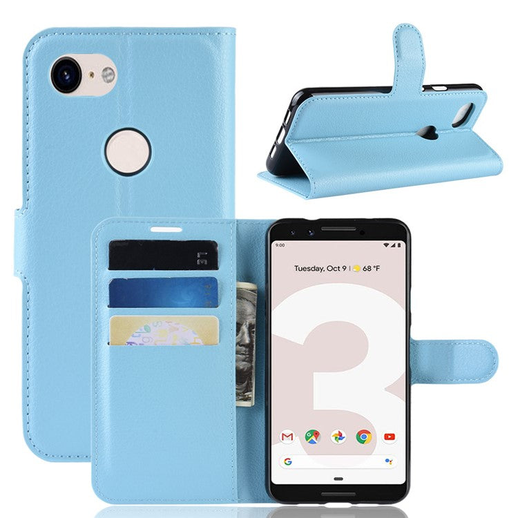 Litchi Skin PU Leather Wallet Case with Stand for Google Pixel 3a - Blue