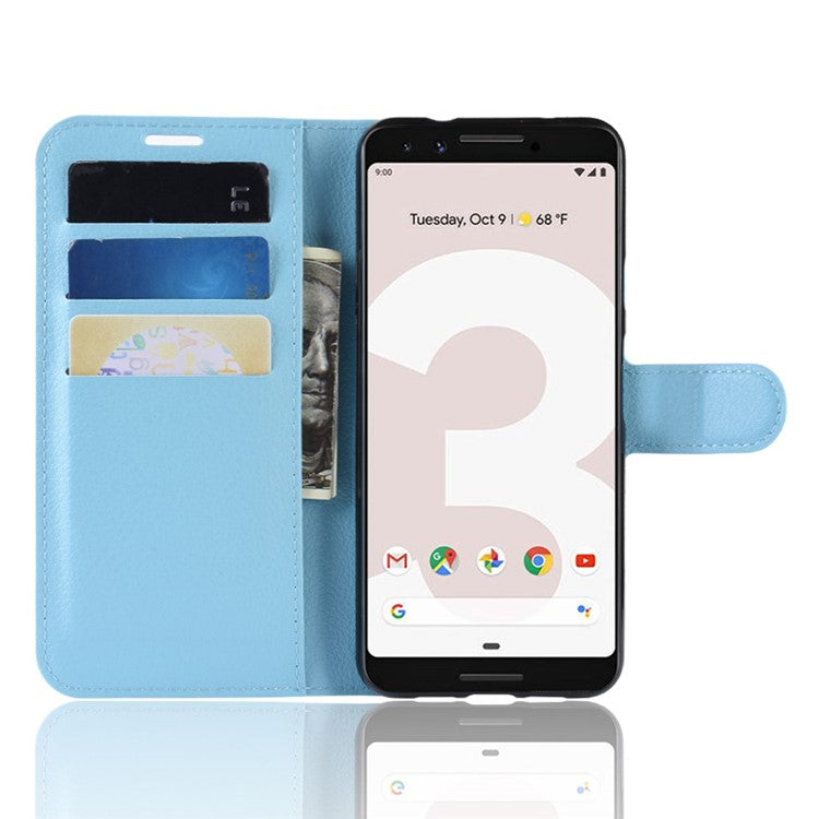 Litchi Skin PU Leather Wallet Case with Stand for Google Pixel 3a - Blue