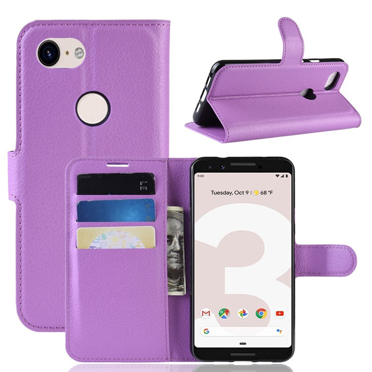 Litchi Skin PU Leather Wallet Case with Stand for Google Pixel 3a - Purple