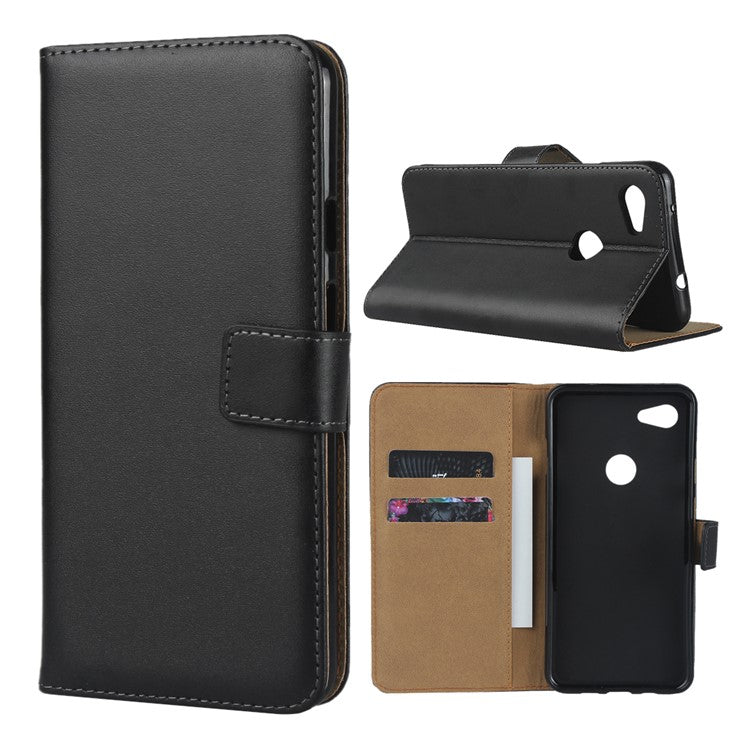 Genuine Leather Stand Wallet Phone Shell for Google Pixel 3a XL - Black