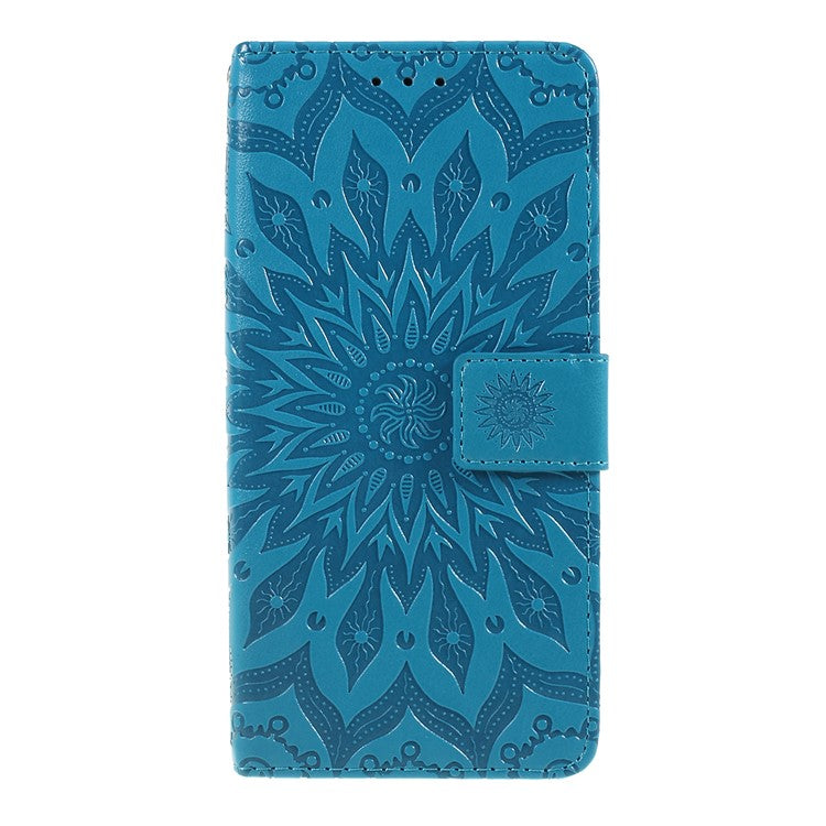 KT Imprinting Flower Series-1 Imprint Sunflower Pattern Wallet Stand Flip Leather Case with Lanyard for Google Pixel 3a - Blue