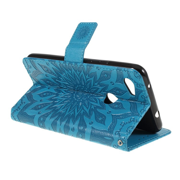 KT Imprinting Flower Series-1 Imprint Sunflower Pattern Wallet Stand Flip Leather Case with Lanyard for Google Pixel 3a - Blue