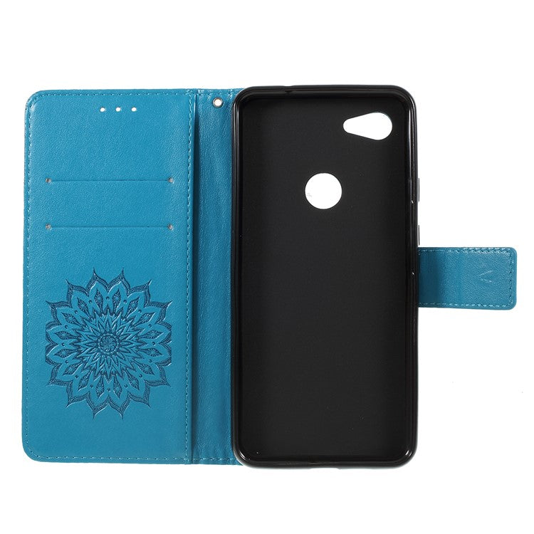 KT Imprinting Flower Series-1 Imprint Sunflower Pattern Wallet Stand Flip Leather Case with Lanyard for Google Pixel 3a - Blue