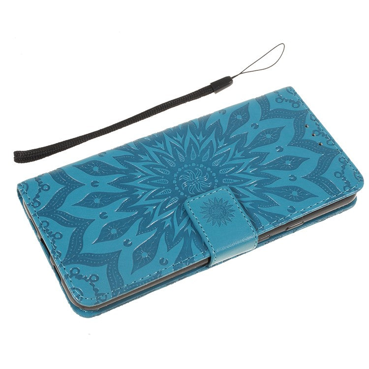 KT Imprinting Flower Series-1 Imprint Sunflower Pattern Wallet Stand Flip Leather Case with Lanyard for Google Pixel 3a - Blue