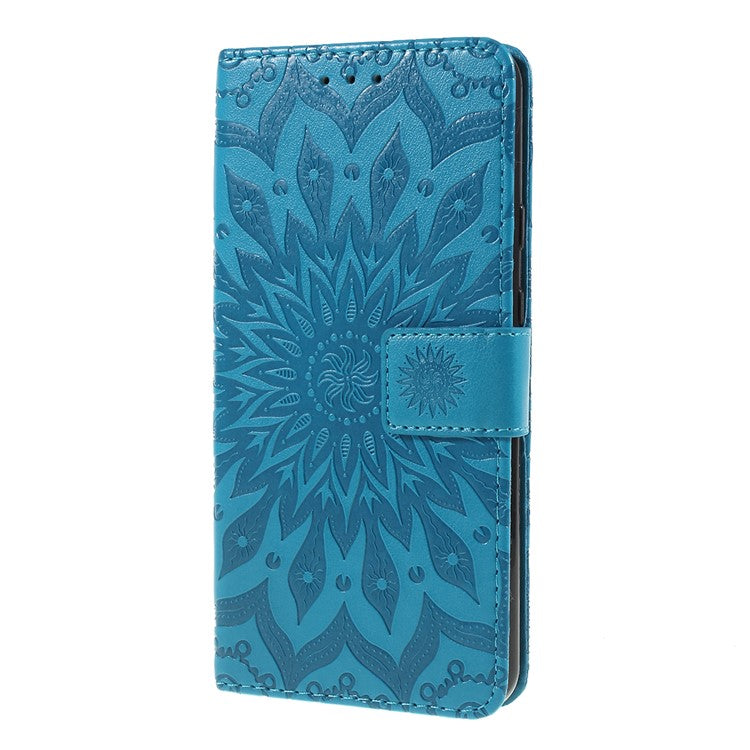 KT Imprinting Flower Series-1 Imprint Sunflower Pattern Wallet Stand Flip Leather Case with Lanyard for Google Pixel 3a - Blue