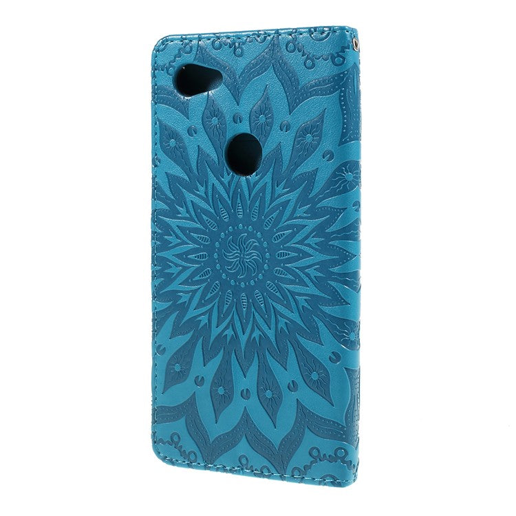 KT Imprinting Flower Series-1 Imprint Sunflower Pattern Wallet Stand Flip Leather Case with Lanyard for Google Pixel 3a - Blue