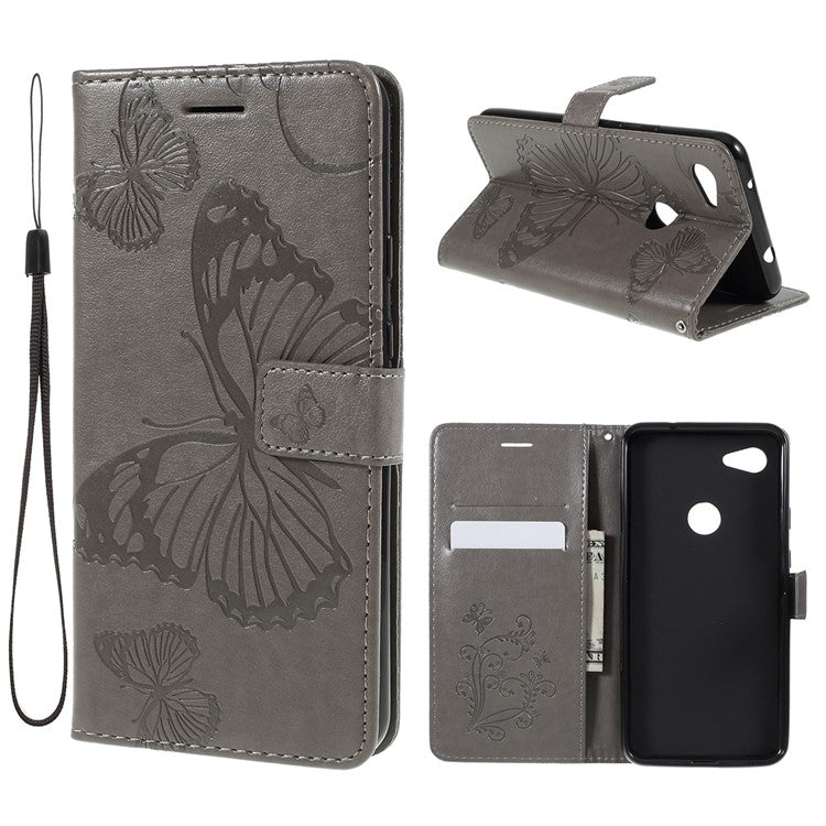 KT Imprinting Flower Series-2 Imprint Butterfly Leather Wallet Mobile Case for Google Pixel 3a - Grey