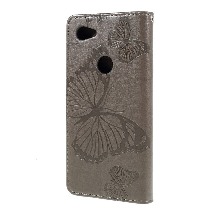 KT Imprinting Flower Series-2 Imprint Butterfly Leather Wallet Mobile Case for Google Pixel 3a - Grey