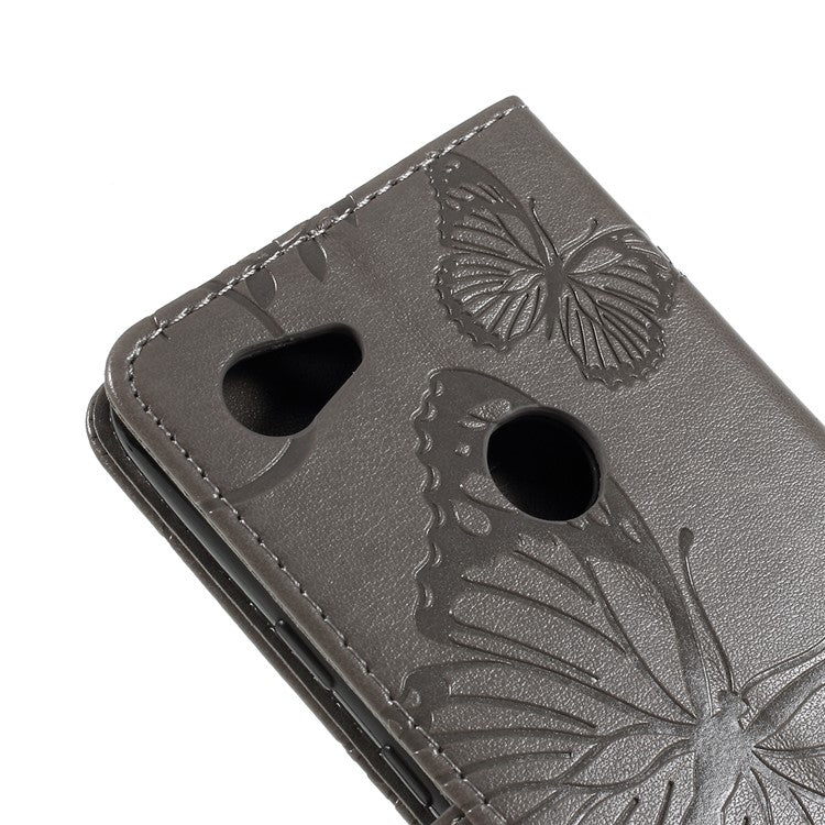 KT Imprinting Flower Series-2 Imprint Butterfly Leather Wallet Mobile Case for Google Pixel 3a - Grey