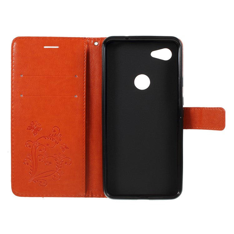 KT Imprinting Flower Series-2 Imprint Butterfly Leather Wallet Mobile Case for Google Pixel 3a - Orange