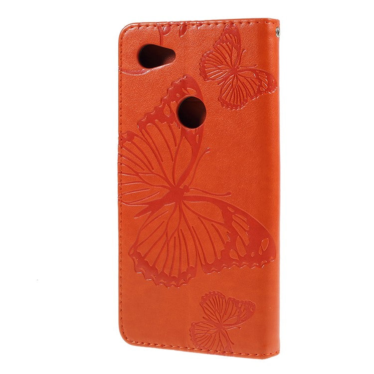 KT Imprinting Flower Series-2 Imprint Butterfly Leather Wallet Mobile Case for Google Pixel 3a - Orange