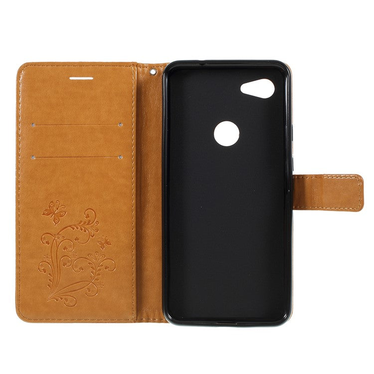 KT Imprinting Flower Series-2 Imprint Butterfly Leather Wallet Mobile Case for Google Pixel 3a - Light Brown