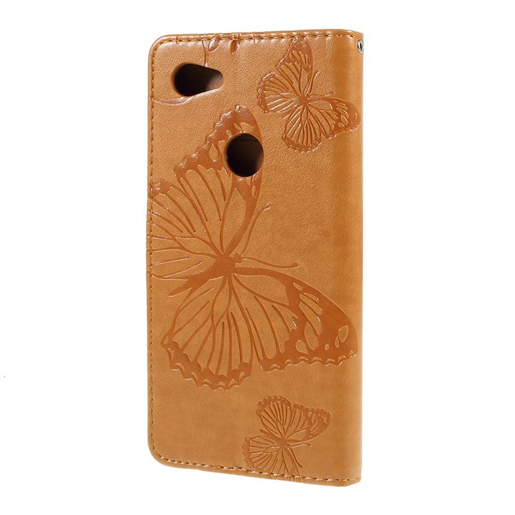 KT Imprinting Flower Series-2 Imprint Butterfly Leather Wallet Mobile Case for Google Pixel 3a - Light Brown