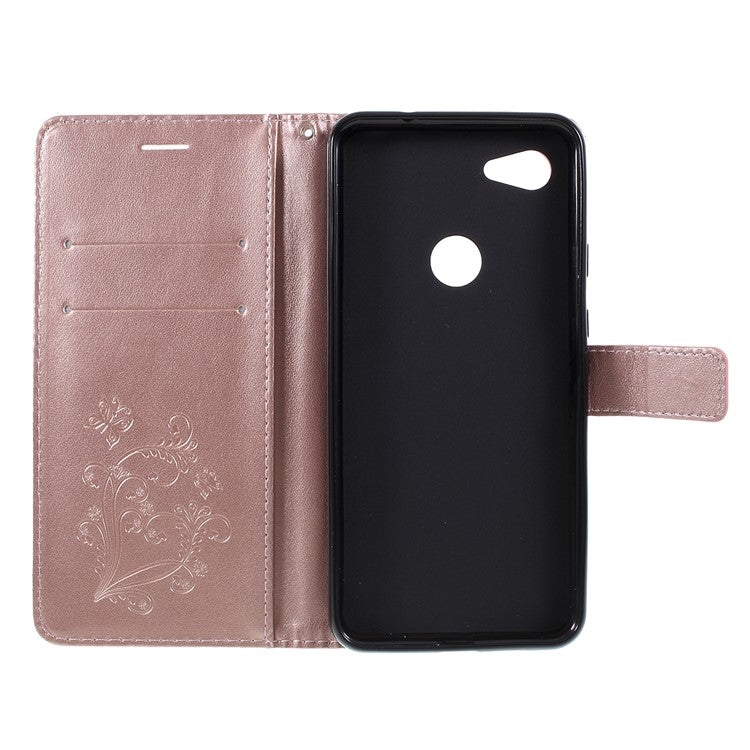 KT Imprinting Flower Series-2 Imprint Butterfly Leather Wallet Mobile Case for Google Pixel 3a - Rose Gold