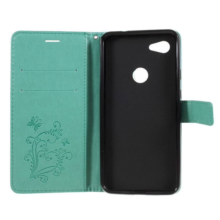 KT Imprinting Flower Series-2 Imprint Butterfly Leather Wallet Mobile Case for Google Pixel 3a - Cyan