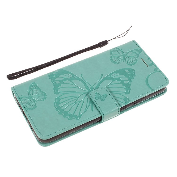 KT Imprinting Flower Series-2 Imprint Butterfly Leather Wallet Mobile Case for Google Pixel 3a - Cyan