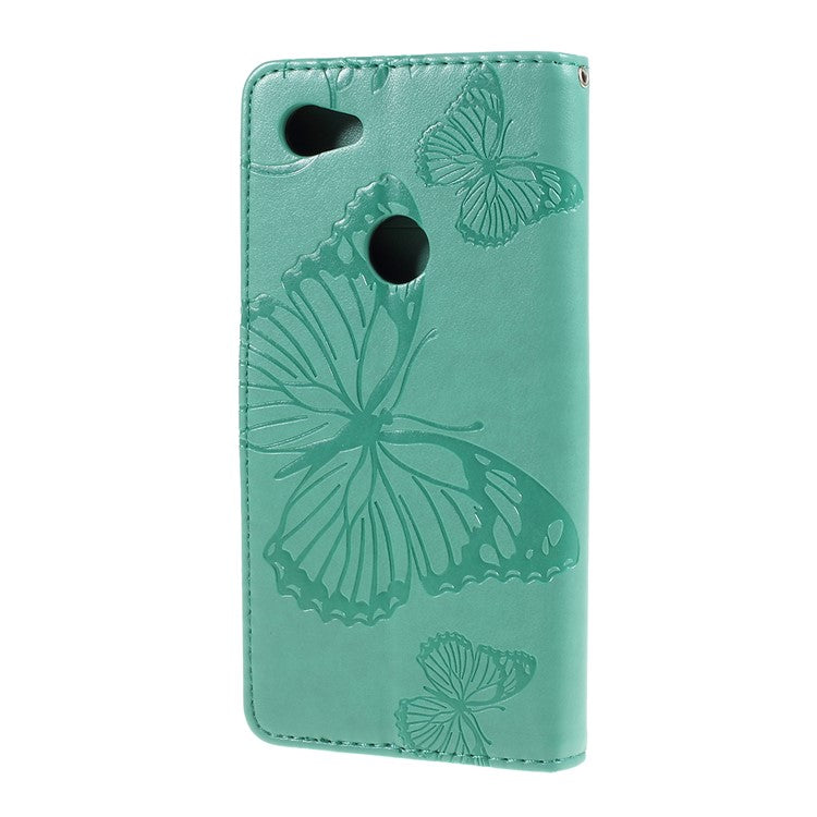 KT Imprinting Flower Series-2 Imprint Butterfly Leather Wallet Mobile Case for Google Pixel 3a - Cyan