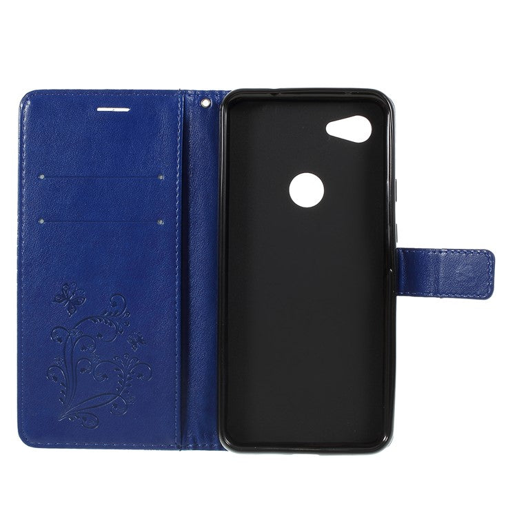 KT Imprinting Flower Series-2 Imprint Butterfly Leather Wallet Mobile Case for Google Pixel 3a - Dark Blue