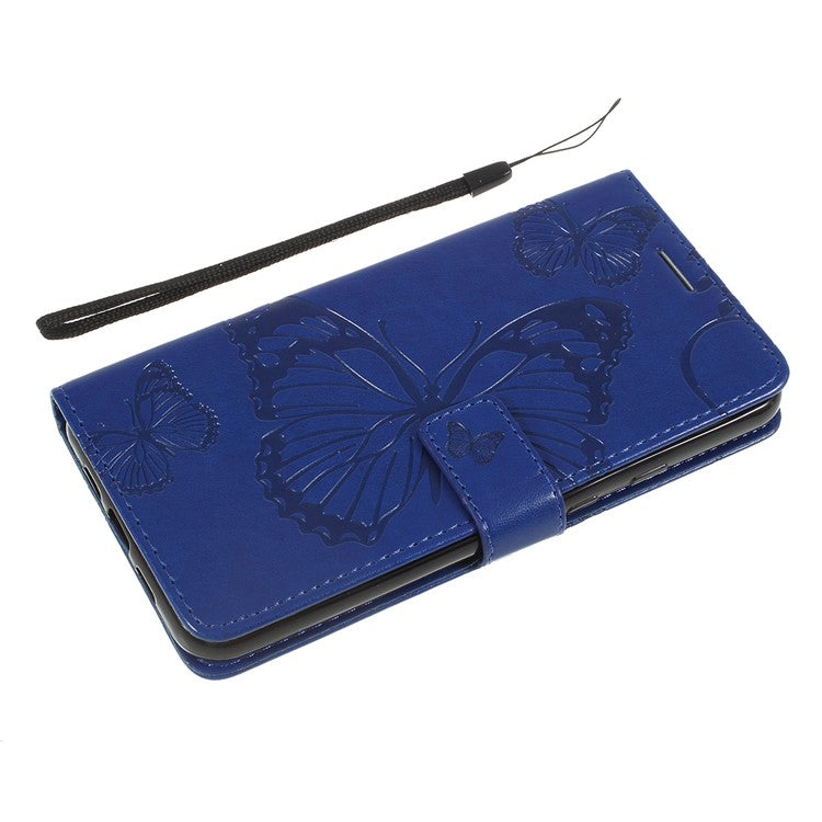 KT Imprinting Flower Series-2 Imprint Butterfly Leather Wallet Mobile Case for Google Pixel 3a - Dark Blue