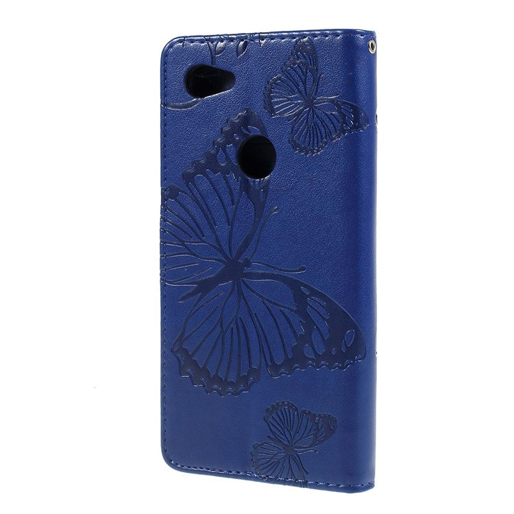 KT Imprinting Flower Series-2 Imprint Butterfly Leather Wallet Mobile Case for Google Pixel 3a - Dark Blue