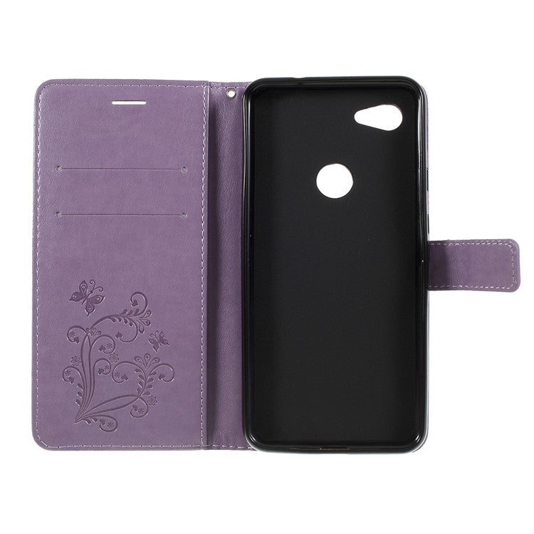 KT Imprinting Flower Series-2 Imprint Butterfly Leather Wallet Mobile Case for Google Pixel 3a - Purple