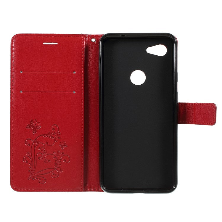 KT Imprinting Flower Series-2 Imprint Butterfly Leather Wallet Mobile Case for Google Pixel 3a - Red