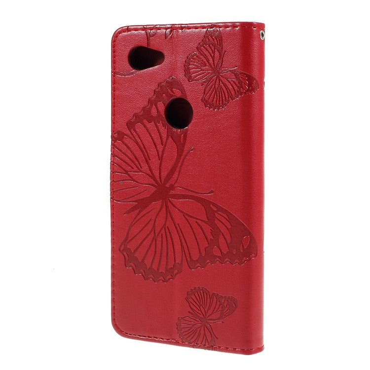 KT Imprinting Flower Series-2 Imprint Butterfly Leather Wallet Mobile Case for Google Pixel 3a - Red