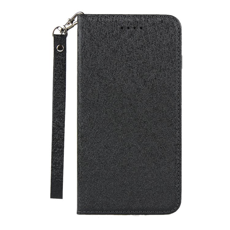 Silk Skin Leather Wallet Stand Cell Phone Case with Strap for Google Pixel 4 - Black